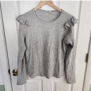 Frame Denim Women Large Heather Grey Ruffle Shoulder Long Sleeve Pullover Shirt